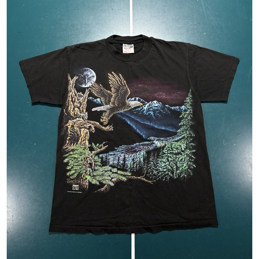 Vtg 90s Eagle Nature T Shirt Men's Medium Hidden Eagles AOP Black Single Stitch